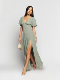 Reformation Shayla Dress in Seafoam ~ flowy angel sleeve maxi dresses ~ thigh high slit occasion fashion ~ deep plunge V-neck