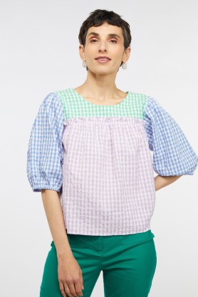 gorman Sicily Smock Top ~ smocked check print organic cotton seersucker top ~ lilac blue and green colour block checked blouses - flipped