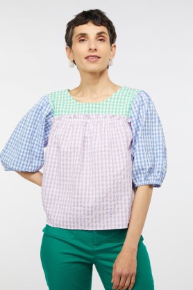 gorman Sicily Smock Top ~ smocked check print organic cotton seersucker top ~ lilac blue and green colour block checked blouses