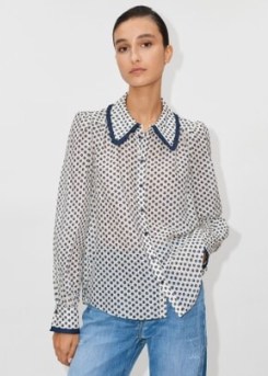 ME and EM Silk Cotton Polka Dot Flower Print Blouse in Navy/Cream – blue ditsy floral print ruffle trim blouses – feminine vintage style shirts - flipped