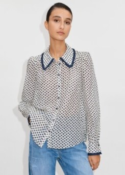ME and EM Silk Cotton Polka Dot Flower Print Blouse in Navy/Cream – blue ditsy floral print ruffle trim blouses – feminine vintage style shirts