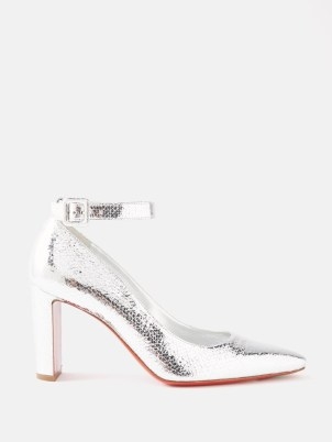 CHRISTIAN LOUBOUTIN Suprastrap 85 metallic grained-leather sandals in silver ~ ankle strap court shoes ~ luxe shiny courts - flipped