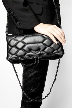 Zadig & Voltaire Rock Mat XL Scale Clutch in Black | quilted leather shoulder bags | French designer handbags - flipped