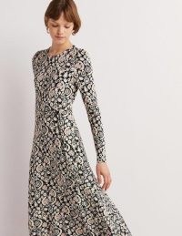 Boden Skirt Detail Jersey Midi Dress in Black, Tropic Charm / long sleeve floral print flippy hem dresses