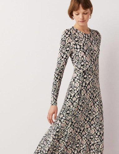 Boden Skirt Detail Jersey Midi Dress in Black, Tropic Charm / long sleeve floral print flippy hem dresses - flipped