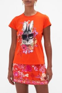 CAMILLA Slim Fit Round Neck T-Shirt in Secret Garden / red floral and bunny print tee / rabbit T-shirts