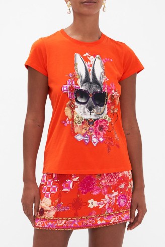 CAMILLA Slim Fit Round Neck T-Shirt in Secret Garden / red floral and bunny print tee / rabbit T-shirts - flipped
