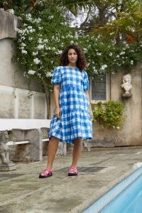 gorman Sophia Check Dress – women’s checked puff sleeve tiered hem dresses – womens organic cotton fashion – blue and white checks