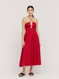 Reformation Stassie Dress in Cherry – strappy red halterneck midi dresses – front keyhole cut out – organic cotton fashion