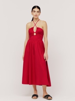 Reformation Stassie Dress in Cherry – strappy red halterneck midi dresses – front keyhole cut out – organic cotton fashion - flipped