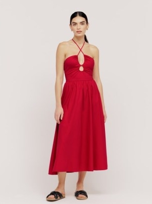 Reformation Stassie Dress in Cherry – strappy red halterneck midi dresses – front keyhole cut out – organic cotton fashion