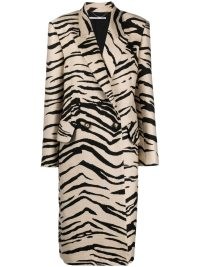 Stella McCartney tiger-print double-breasted coat in beige / black ~ womens longline animal print coats ~ wild cat stripes
