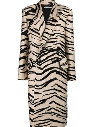 Stella McCartney tiger-print double-breasted coat in beige / black ~ womens longline animal print coats ~ wild cat stripes - flipped