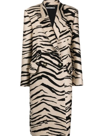 Stella McCartney tiger-print double-breasted coat in beige / black ~ womens longline animal print coats ~ wild cat stripes