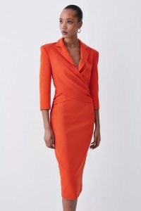 KAREN MILLEN Tall Compact Crepe Wrap Waist Pencil Midi Dress in orange – chic clothes