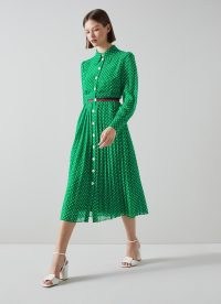 L.K. BENNETT Tallis Green And Cream Spot Recycled Polyester Shirt Dress ~ pleated retro style dresses