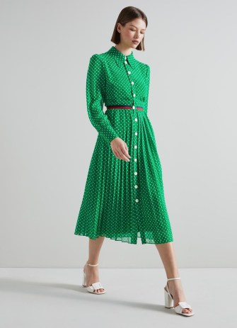 L.K. BENNETT Tallis Green And Cream Spot Recycled Polyester Shirt Dress ~ pleated retro style dresses - flipped