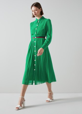 L.K. BENNETT Tallis Green And Cream Spot Recycled Polyester Shirt Dress ~ pleated retro style dresses