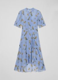 L.K. BENNETT Thalia Blue And Yellow Mimosa Print Dress ~ floral occasion dresses ~ floaty floral wrap style event dresses ~ dip hem ~ feminine vintage inspired occasion clothes