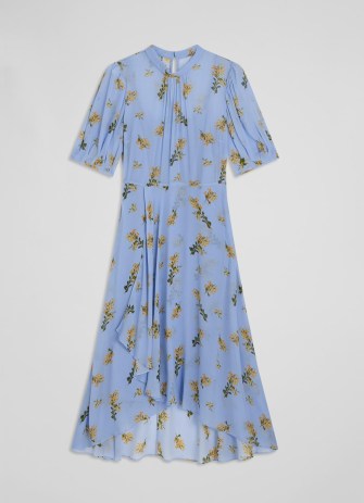 L.K. BENNETT Thalia Blue And Yellow Mimosa Print Dress ~ floral occasion dresses ~ floaty floral wrap style event dresses ~ dip hem ~ feminine vintage inspired occasion clothes - flipped