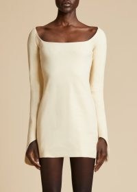KHAITE THE TATE DRESS in Bone ~ long sleeve wide square neck mini dresses ~ angled cuffs ~ minimalist occasion clothes ~ luxe evening wear