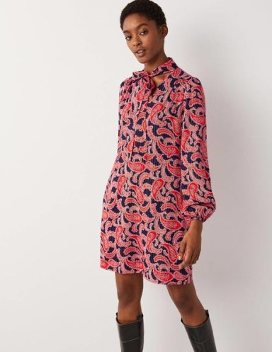 Boden Tie Neck Mini Dress in Red, Paisley Cluster – womens silky printed dresses - flipped