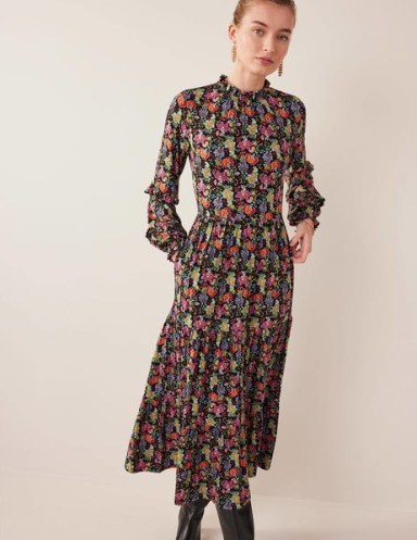 Boden Tier Insert Midi Jersey Dress in Multi, Carnation Garden / multicoloured floral print ruffle trim dresses - flipped