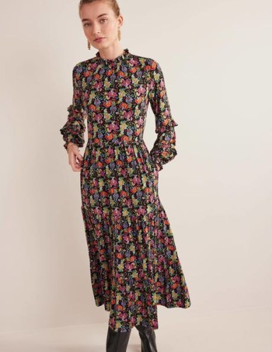 Boden Tier Insert Midi Jersey Dress in Multi, Carnation Garden / multicoloured floral print ruffle trim dresses