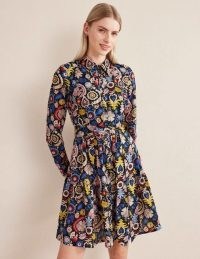 Boden Tiered Cotton Mini Shirt Dress in Multi, Tropic Charm / long sleeve floral print collared dresses / self tie belted waist