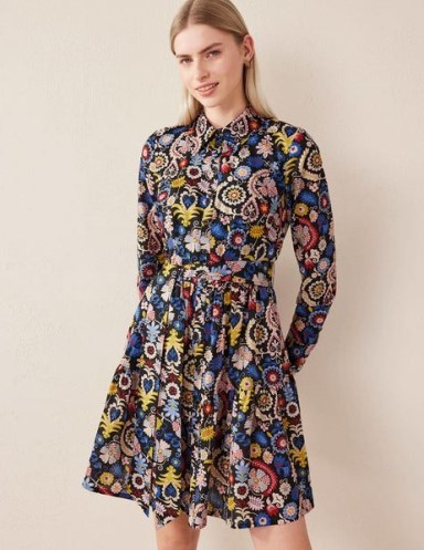 Boden Tiered Cotton Mini Shirt Dress in Multi, Tropic Charm / long sleeve floral print collared dresses / self tie belted waist - flipped