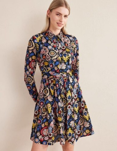 Boden Tiered Cotton Mini Shirt Dress in Multi, Tropic Charm / long sleeve floral print collared dresses / self tie belted waist