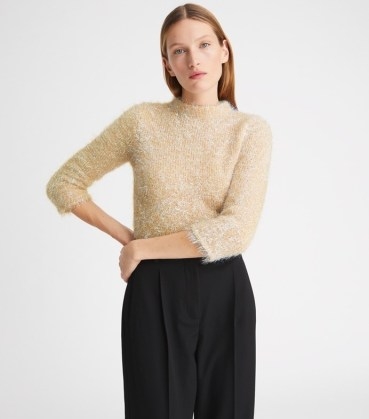 Tory Burch TINSEL MOCKNECK SWEATER in Cream | luxe shiny metallic thread sweaters | turtleneck jumpers | womens luxury knitwear | sparkly mock neck jumper - flipped