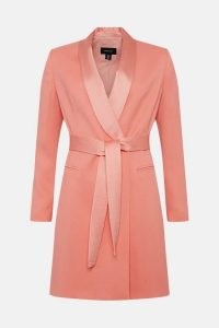 KAREN MULLEN Tuxedo Wrap Mini Dress in Coral Pink – tailored tie waist jacket style evening dresses