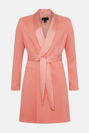 KAREN MULLEN Tuxedo Wrap Mini Dress in Coral Pink – tailored tie waist jacket style evening dresses - flipped