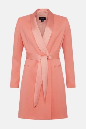 KAREN MULLEN Tuxedo Wrap Mini Dress in Coral Pink – tailored tie waist jacket style evening dresses