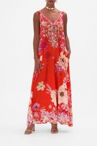 CAMILLA V Neck Flared Jumpsuit in Secret Garden / red floral wide leg jumpsuits / feminine sleeveless all-in-one occasion fashion