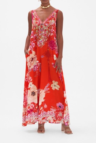 CAMILLA V Neck Flared Jumpsuit in Secret Garden / red floral wide leg jumpsuits / feminine sleeveless all-in-one occasion fashion - flipped