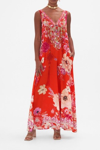 CAMILLA V Neck Flared Jumpsuit in Secret Garden / red floral wide leg jumpsuits / feminine sleeveless all-in-one occasion fashion