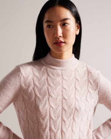 Ted Baker Veolaa Wool And Mohair Blend Cable Knit Jumper in Pale Pink | womens fluffy turtleneck jumpers | luxe style knitwear | women’s fashion - flipped