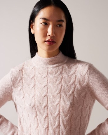 Ted Baker Veolaa Wool And Mohair Blend Cable Knit Jumper in Pale Pink | womens fluffy turtleneck jumpers | luxe style knitwear | women’s fashion
