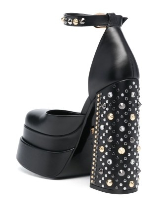 Versace Spiked Medusa Aevitas 160mm pumps in Black ~ studded block heels ~ chunky ankle strap platforms - flipped