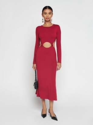 Reformation Celestia Dress in Crimson – chic red cut out waist dresses - flipped