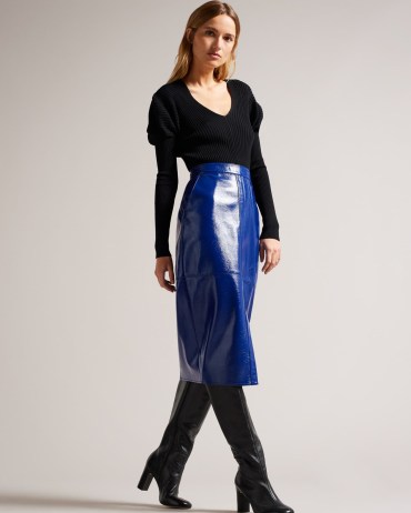 TED BAKER Vinell Panelled Vinyl Pencil Skirt in Blue / shiny front slit skirts / high shine fashion