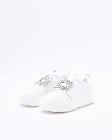 RIVER ISLAND WHITE EMBELLISHED BUCKLE TRAINERS ~ sports luxe shoes