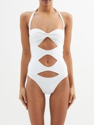 NORMA KAMALI Peekaboo Mio cutout swimsuit in white – glamorous front cut out halterneck swimsuits - flipped