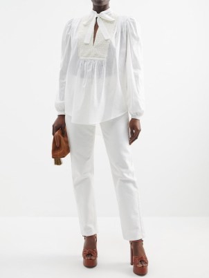ETRO Striped lace-bib cotton-blend blouse in white ~ cotton and silk blend puff sleeve pussy bow blouses ~ luxe boho fashion - flipped
