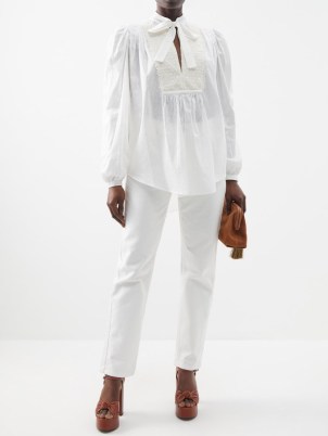 ETRO Striped lace-bib cotton-blend blouse in white ~ cotton and silk blend puff sleeve pussy bow blouses ~ luxe boho fashion