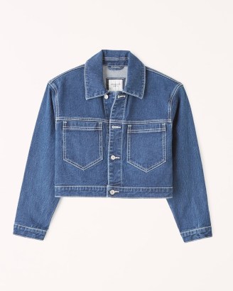 Abercrombie & Fitch Cropped Denim Jacket in Rinse – womens casual blue crop hem jackets - flipped
