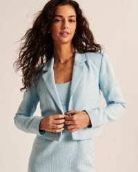 Abercrombie & Fitch Cropped Tweed Blazer Light Blue – women’s short length single breasted jackets