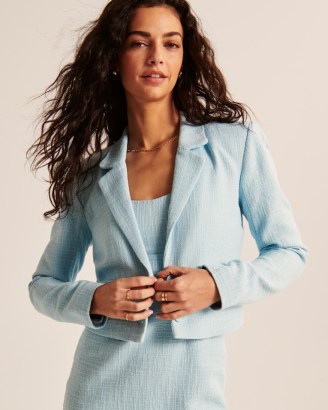 Abercrombie & Fitch Cropped Tweed Blazer Light Blue – women’s short length single breasted jackets